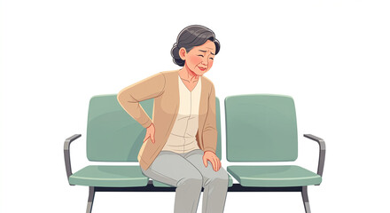 Elderly woman suffering from backache, touching her lower back while sitting on a chair in a waiting room