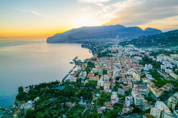Sorrento city in amalfi coast line, Italy. Sunrise. Naples with Mount Vesuvius in the background