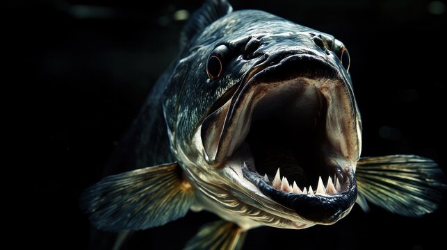 Close-Up of a Zander Fish with Open Mouth Showing Sharp Teeth in Dark Background, Aquatic Predator Wildlife Photography