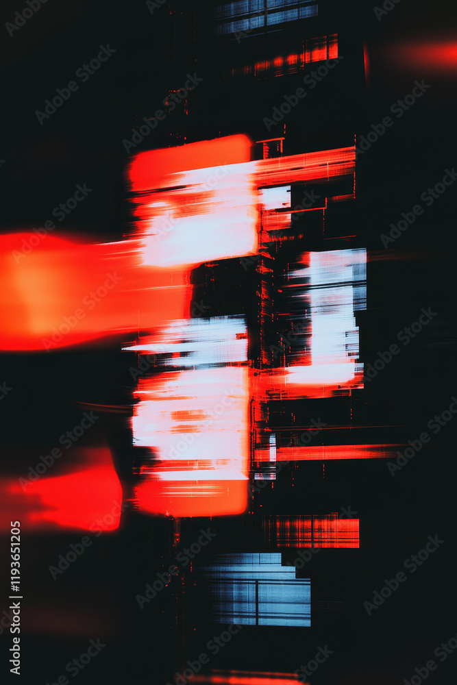 Poster dynamic abstract digital motion with vibrant glitch effects in red and blue hues creating a futurist