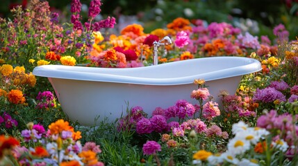 Fototapeta premium A serene white bathtub surrounded by a vibrant array of colorful flowers in full bloom, creating a tranquil outdoor oasis.