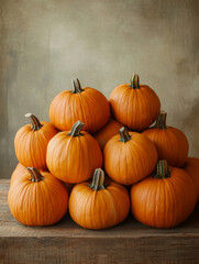 Obraz premium A stack of pumpkins on a wooden surface.