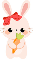 Cute adorable rabbit bunny with red bow holding carrot easter design element vector isolated