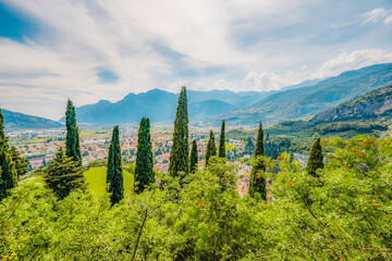 Arco castle ruins on cliffs above Garda lake, Trentino, Italy. Lago di garda