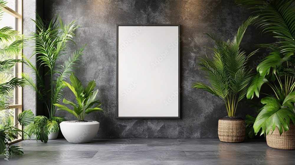 Poster modern indoor space featuring a blank frame and lush greenery in a stylish setting