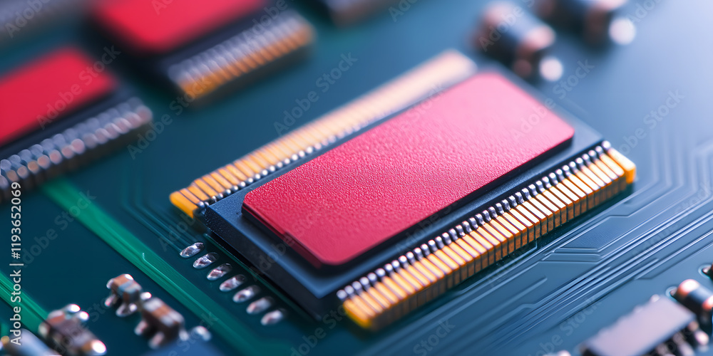 Poster close-up of a microchip on a circuit board, showcasing intricate details and technological precision