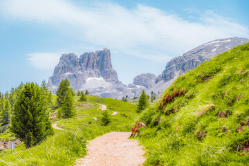 Falzarego alpine pass and high mountains, Dolomites, Italy.