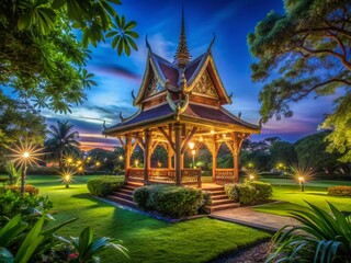 Fototapeta premium Night Photography: Serene Thai Wooden Gazebo in Park