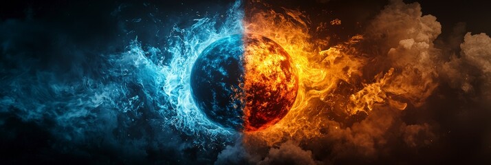 A striking planetary image split between fiery and watery elements, representing the dichotomy of nature and the universe in a uniquely artistic perspective.