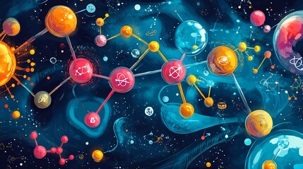 Illustration of groundbreaking scientific discoveries symbolic molecules atoms and visual depictions of molecular structures in vibrant detail