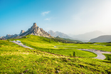 Ra Gusela Peak of Nuvolau group in the Italian Dolomites mountain at Giau Pass in South Tyrol Italy.