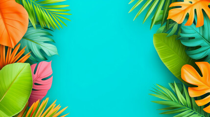 Naklejka premium Vibrant leaves in various colors spread across a turquoise background for a lively atmosphere