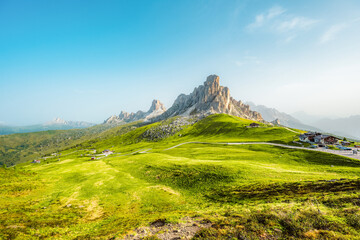 Ra Gusela Peak of Nuvolau group in the Italian Dolomites mountain at Giau Pass in South Tyrol Italy.