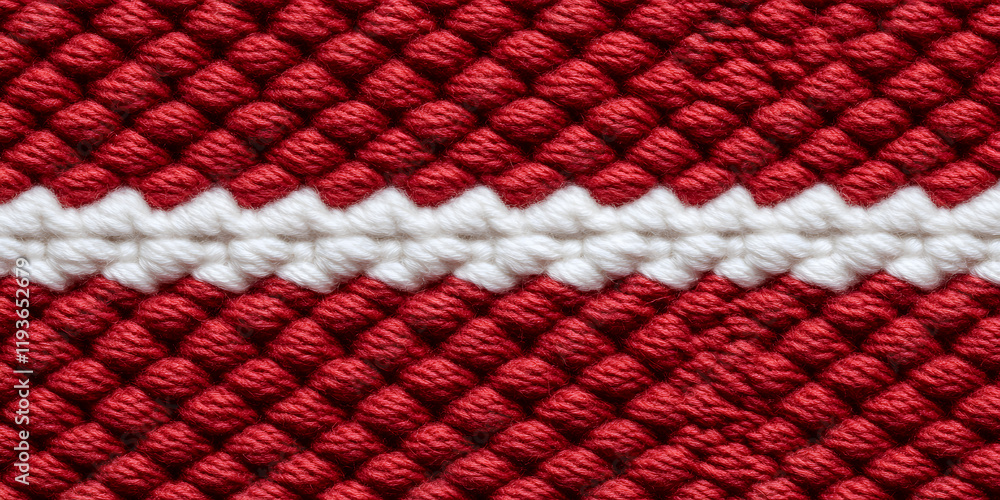 Poster close-up of textured fabric with red and white yarn. a unique woven pattern creates a visually appea