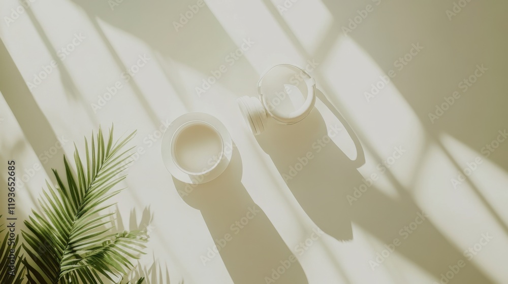 Poster minimalistic composition of shadows and shapes featuring a clear jar and white bowl on a soft neutra