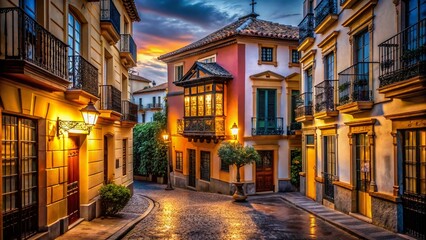Naklejka premium Night Photography: Vintage House in Malaga's Downtown, Spain - Architectural Gem