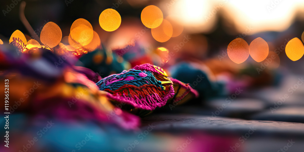 Poster close-up of multicolored woven fabrics with bokeh background