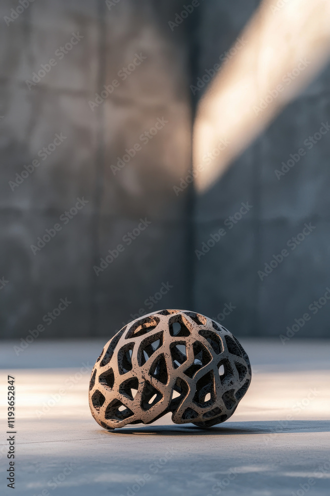Poster intricate abstract sculpture with organic design in sunlit modern setting showcasing texture and geo