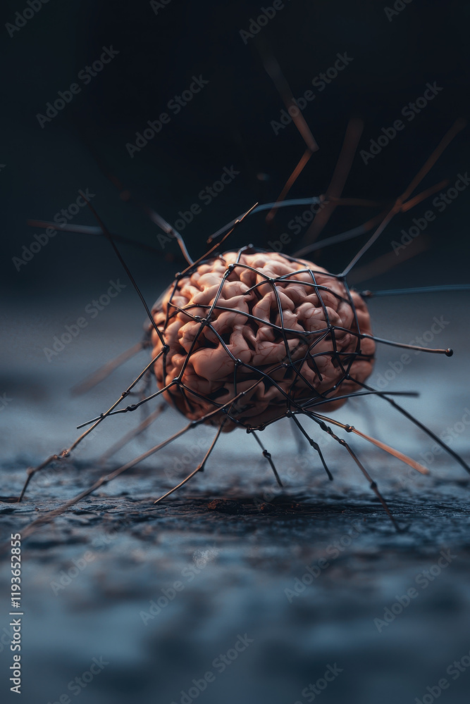 Poster intricate neural network conceptual art portrays the fusion of brain and technology with wire connec
