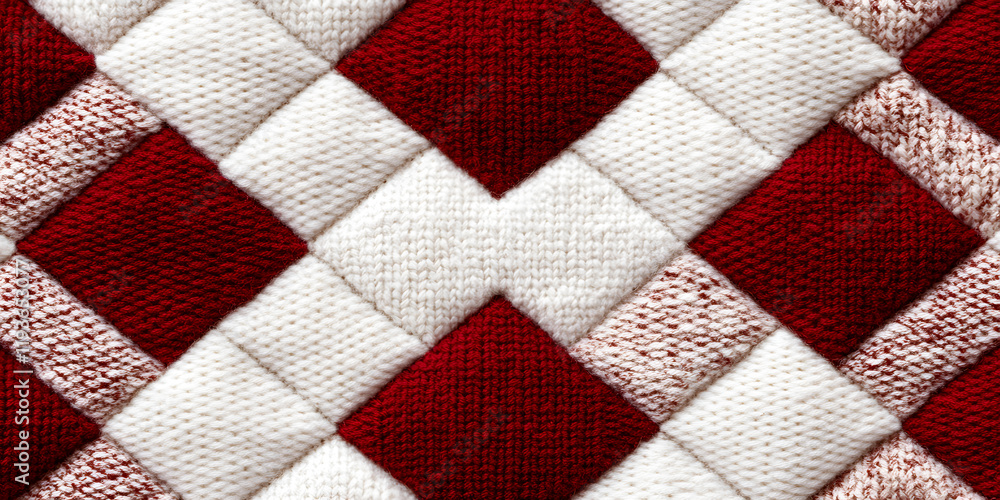 Poster red and white knitted fabric texture. a close-up shot showcasing a diamond pattern in a warm color p