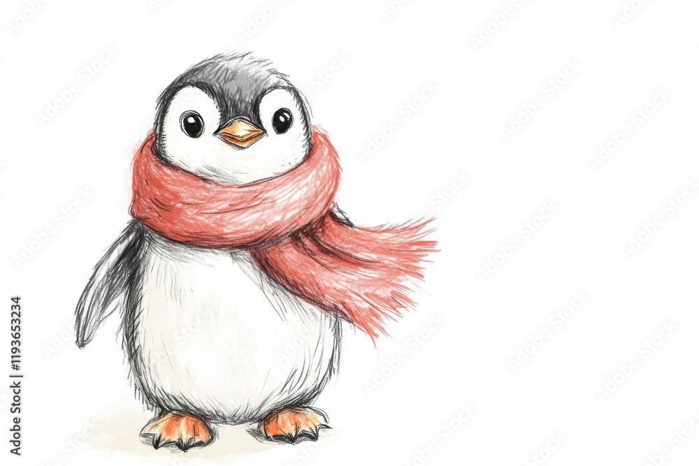 Poster cute penguin wearing a red scarf standing cheerfully against a plain background in a playful illustr