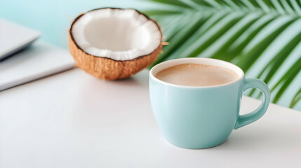 Enjoying a delightful warm drink next to a halved coconut on a sunny, light-colored table surface