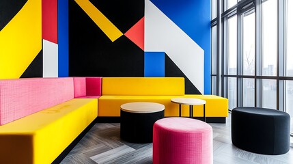 Modern lounge area featuring vibrant geometric wall art and colorful seating arrangements
