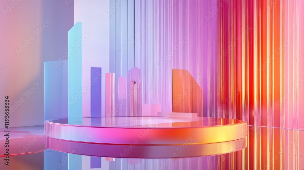 Poster 3d graphs on a sleek reflective surface in a modern setting. this futuristic and vibrant visual conc