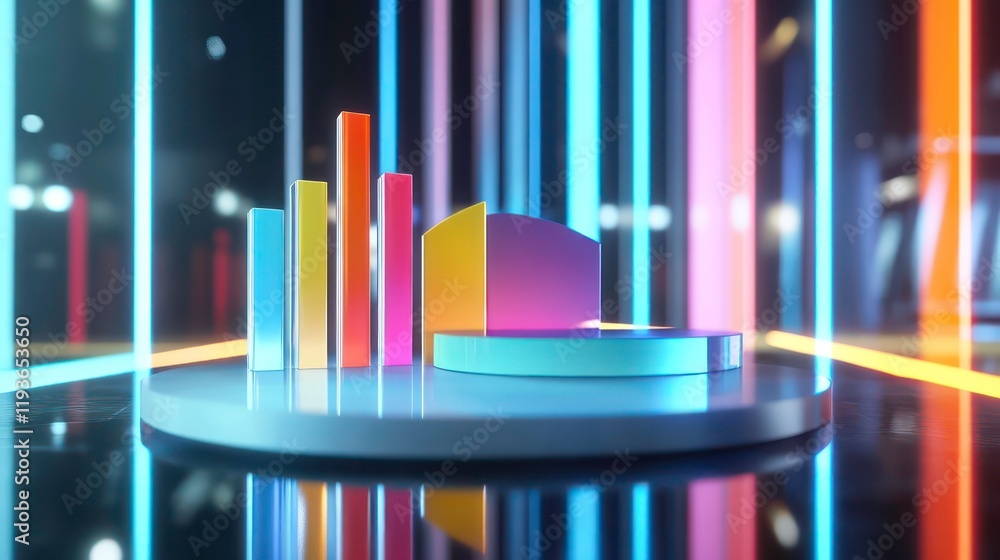 Poster 3d graphs on a sleek reflective surface in a modern setting. this futuristic and vibrant visual conc