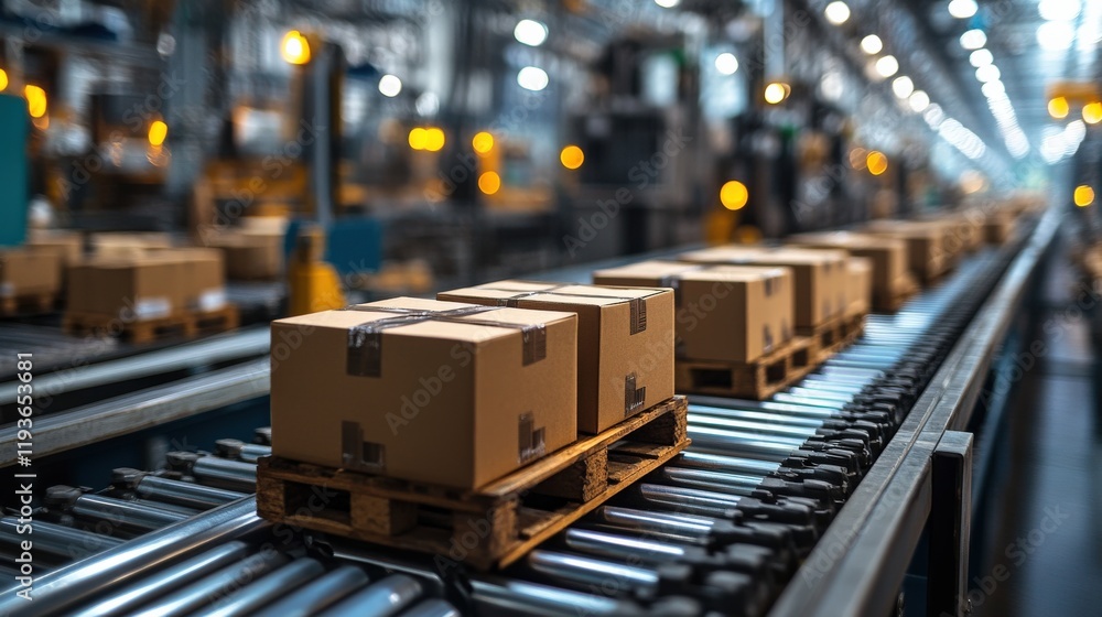 Poster automated warehouse with conveyor system transporting cardboard boxes lined up on pallets in a large