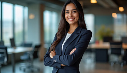 Posing in her office with her hands folded and a toothy smile on her face, this young Indian businesswoman exudes positivity and beauty. Headshot image of a contented female worker, professional, and 