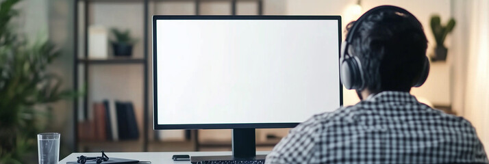 Indian man sitting with his back to the camera, using a computer with a blank display in an office setting.