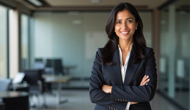 Posing in her office with her hands folded and a toothy smile on her face, this young Indian businesswoman exudes positivity and beauty. Headshot image of a contented female worker, professional, and 