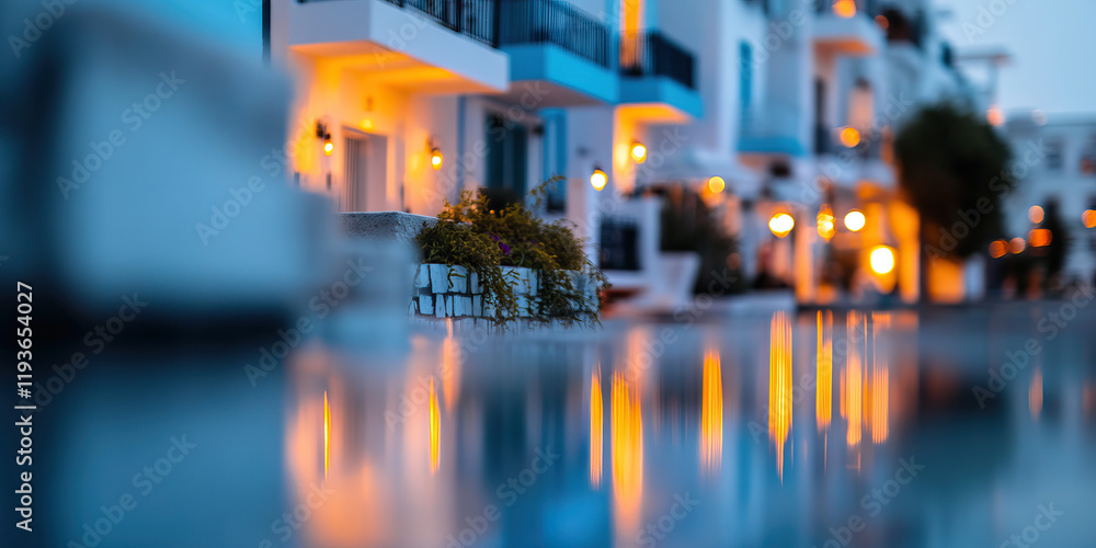 Poster nighttime pool reflection of illuminated building complex