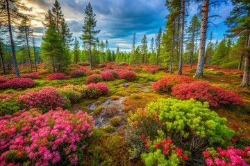 Obraz premium Northern Urals Taiga Landscape: Dwarf Birch, Rhododendrons, Mosses & Herbs