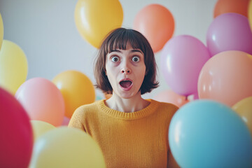 Obraz premium Joyous Celebration: An Individual Immersed in a Sea of Festive Balloons