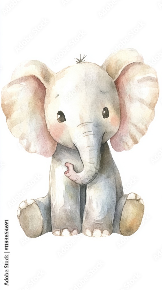 Poster Cute and playful elephant illustration with soft colors and friendly expression in a whimsical setting. Generative AI