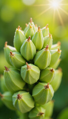 Fototapeta premium Cluster of green flower buds with sunlight in the background 