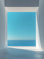 Minimalist window view of sea and blue sky.