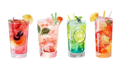 Summer drinks illustration set. Mojito drink cocktail with mint leaves, ice and lime slices in glass. Summer cold drinks: fresh, cold bubble tea, lemonade, mohito, juice coctails in watercolor style.