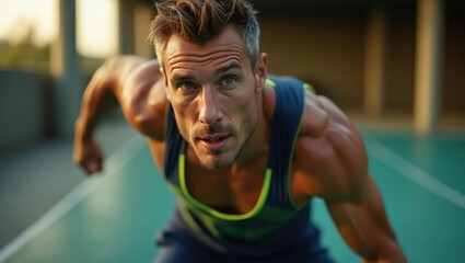 Stylish male athlete, emphasizing the subject's dynamic movement, with a sense of intensity, focus, and energy.