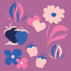 Vector set of flowers and strawberries in a blue and pink palette.