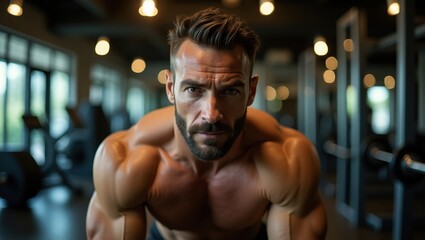 Fototapeta premium Strong, muscular, athletic male with a determined expression,exercising in a modern sport gym.