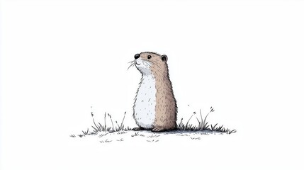 Fototapeta premium A charming minimalist illustration of a groundhog standing amidst wildflowers on a white background. The playful and simple design makes it ideal for nature-themed or children's projects
