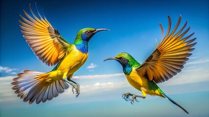 Fototapeta premium Olive-backed & Yellow-bellied Sunbirds in Flight: Vibrant Tropical Birds Soaring in Sunny Sky
