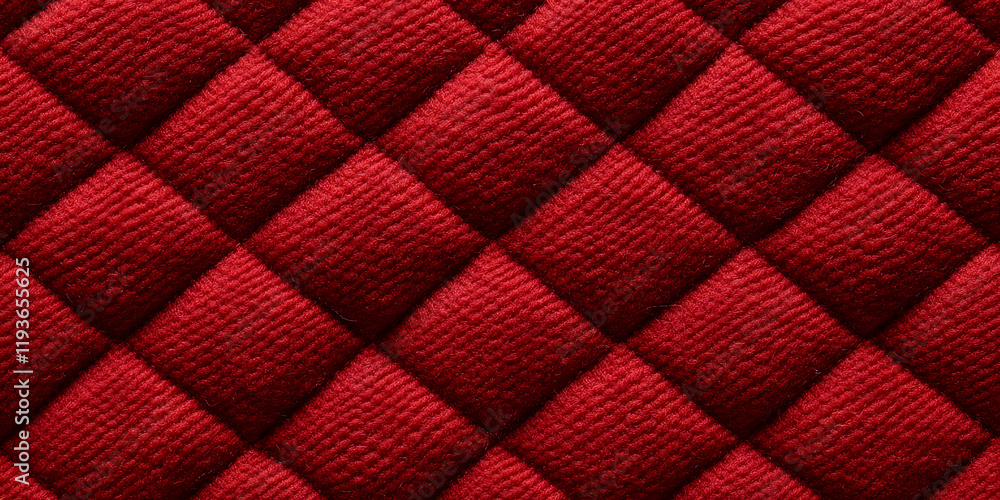 Poster close-up of a textured red fabric with a quilted diamond pattern. rich color and detailed texture.