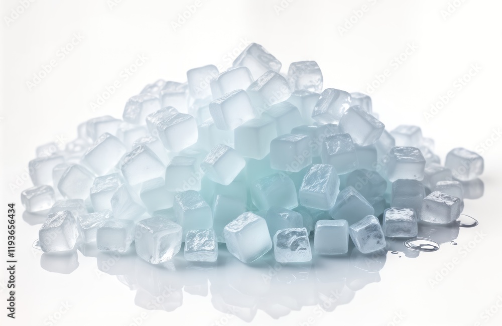 Poster crushed ice cubes pile melts slightly on white background. ice cubes semitransparent quality. water 