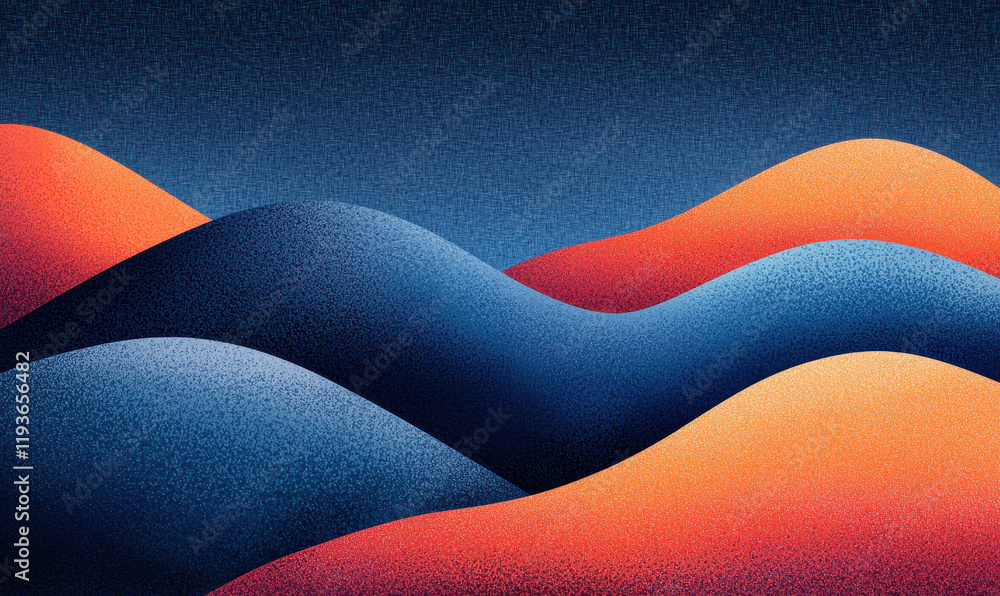 Poster vibrant abstract landscape art with dynamic waves in blue and orange tones creating a surreal and mo
