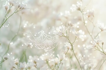 Naklejka premium Delicate dew-kissed spiderweb graces a field of ethereal white baby's breath flowers.