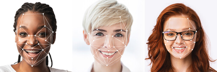 A diverse group of individuals displays unique facial features and expressions, with technology overlay illustrating facial recognition patterns.